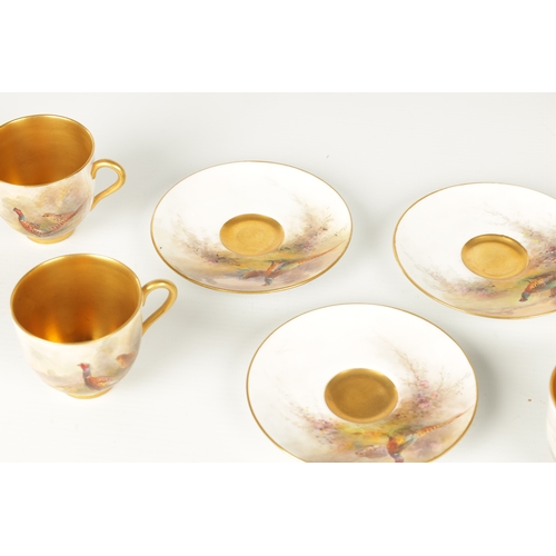 40 - JAMES STINTON. A GOOD SET OF SIX ROYAL WORCESTER CABINET CUPS AND SAUCERS each with painted scenes o... 