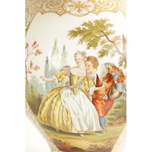 48 - A IMPRESSIVE LARGE PAIR OF LATE 19TH CENTURY DRESDEN PORCELAIN HALL VASES AND COVERS the shouldered ... 