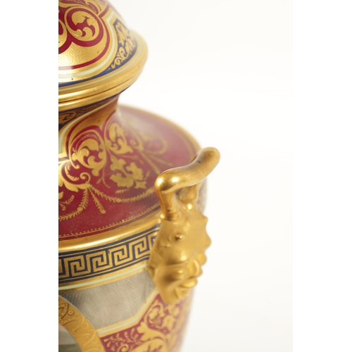 61 - A FINE PAIR OF VIENNA PORCELAIN URN SHAPED LIDDED VASES with floral gilt decoration surrounding oval... 