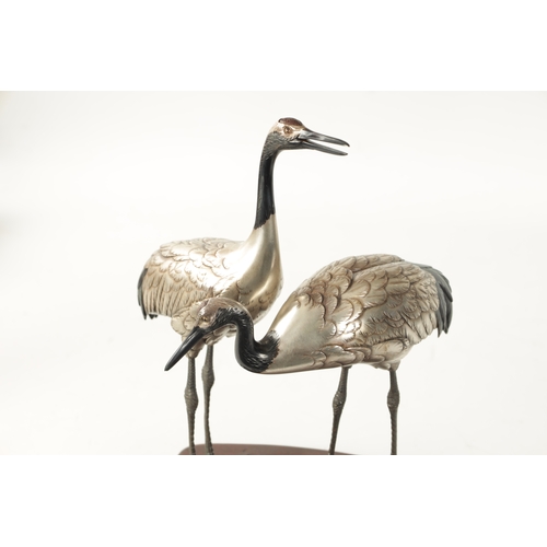 70 - A FINE JAPANESE MEIJI PERIOD SILVERED BRONZE OKIMONO OF TWO CRANES mounted on a moulded hardwood bas... 