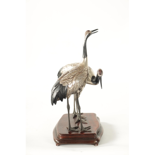 70 - A FINE JAPANESE MEIJI PERIOD SILVERED BRONZE OKIMONO OF TWO CRANES mounted on a moulded hardwood bas... 