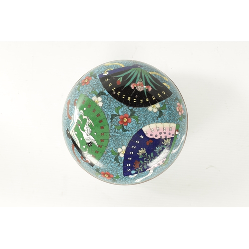 77 - A JAPANESE MEIJI PERIOD CLOISONNÉ ENAMEL LIDDED BOWL with brightly coloured fan work decoration (15c... 