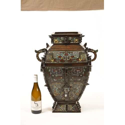 78 - A RARE AND LARGE CHINESE CLOISONNE AND BRONZE RITUAL WINE VESSEL, FANGYI of tapered form with loop h... 