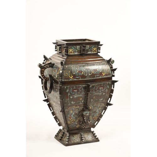 78 - A RARE AND LARGE CHINESE CLOISONNE AND BRONZE RITUAL WINE VESSEL, FANGYI of tapered form with loop h... 