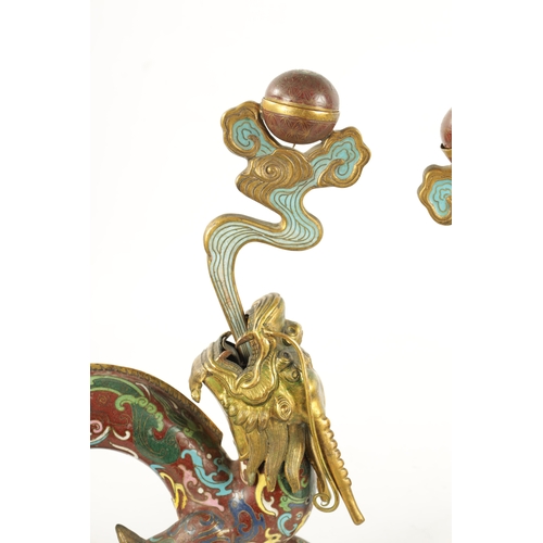 80 - A PAIR OF 19TH CENTURY CHINESE CLOISONNE AND GILT BRASS DRAGON CENSORS the dragons breathing smoke w... 