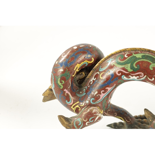 80 - A PAIR OF 19TH CENTURY CHINESE CLOISONNE AND GILT BRASS DRAGON CENSORS the dragons breathing smoke w... 