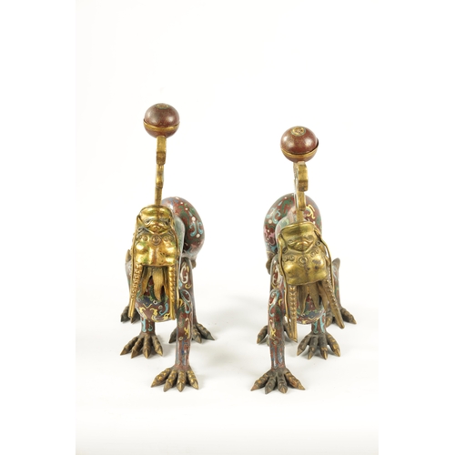 80 - A PAIR OF 19TH CENTURY CHINESE CLOISONNE AND GILT BRASS DRAGON CENSORS the dragons breathing smoke w... 