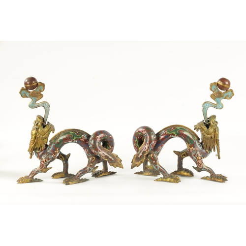 80 - A PAIR OF 19TH CENTURY CHINESE CLOISONNE AND GILT BRASS DRAGON CENSORS the dragons breathing smoke w... 