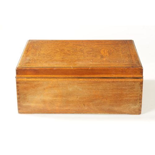 85 - A LATE 19TH CENTURY CHINESE HARDWOOD AND BOXWOOD INLAID LIDDED BOX decorated to the top with a mount... 