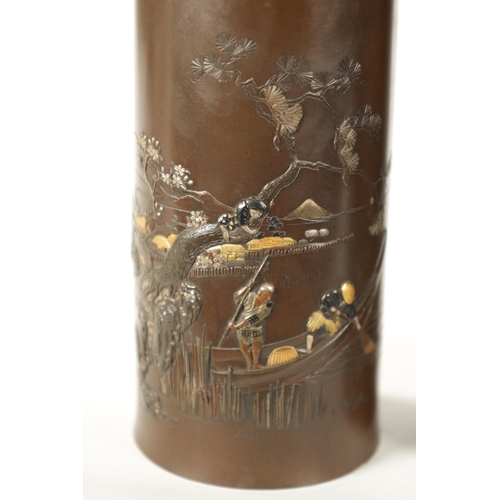 87 - A FINE PAIR OF JAPANESE MEIJI PERIOD BRONZE AND MIXED METAL CYLINDRICAL VASES decorated with figures... 