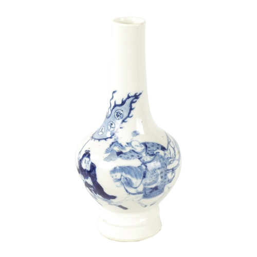 88 - A GOOD 18TH CENTURY CHINESE BLUE AND WHITE BOTLE VASE with an emperor on horse base - bearing six ch... 