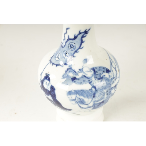 88 - A GOOD 18TH CENTURY CHINESE BLUE AND WHITE BOTLE VASE with an emperor on horse base - bearing six ch... 