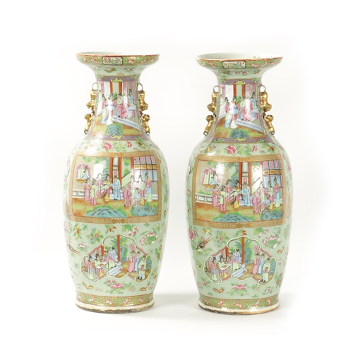 89 - A GOOD PAIR OF 19TH CENTURY CELADON GROUND CANTONESE SLENDER SHOULDERED OVOID VASES the shallow rais... 