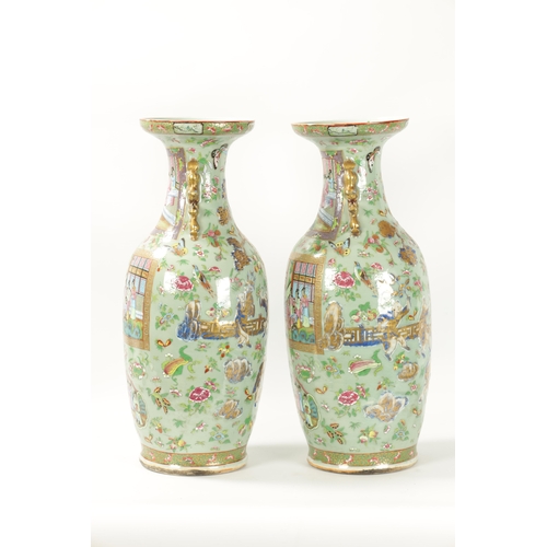 89 - A GOOD PAIR OF 19TH CENTURY CELADON GROUND CANTONESE SLENDER SHOULDERED OVOID VASES the shallow rais... 