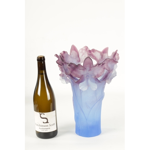 9 - A 20TH CENTURY DAUM PATE DE VERRE BEARDED IRISES COLOURED GLASS VASE - etched signature beneath Daum... 