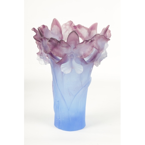 9 - A 20TH CENTURY DAUM PATE DE VERRE BEARDED IRISES COLOURED GLASS VASE - etched signature beneath Daum... 