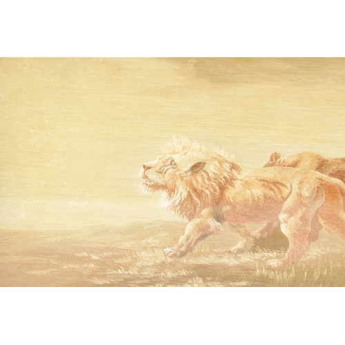 93 - A JAPANESE MEIJI PERIOD SILK DEPICTING A LION AND LIONESS mounted in glazed gilt moulded frame. (15c... 