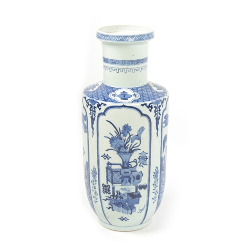 95 - A 19TH CENTURY BLUE AND WHITE CHINESE VASE the slightly tapered body with panelled decoration of flo... 