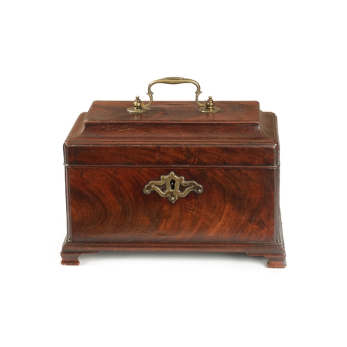 335 - A GOOD GEORGE III FIGURED MAHOGANY CADDY MOULDED TEA CADDY with shaped swan-neck handle to the top r... 