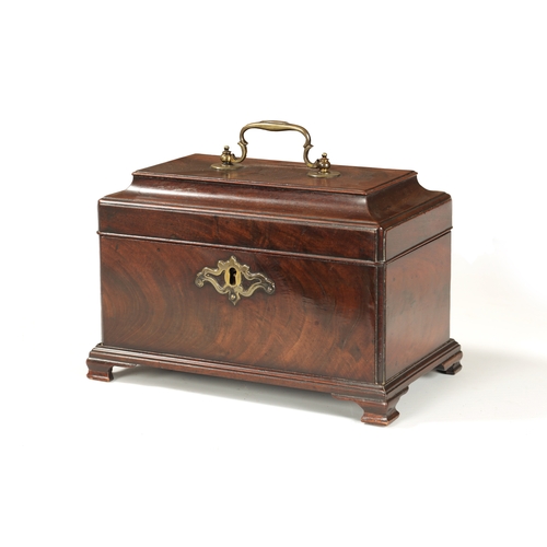 335 - A GOOD GEORGE III FIGURED MAHOGANY CADDY MOULDED TEA CADDY with shaped swan-neck handle to the top r... 