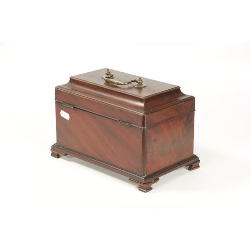 335 - A GOOD GEORGE III FIGURED MAHOGANY CADDY MOULDED TEA CADDY with shaped swan-neck handle to the top r... 