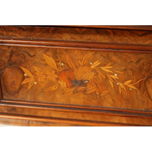 336 - A 19TH CENTURY FIGURED WALNUT CIGAR COMPENDIUM FORMED AS AN UPRIGHT PIANO decorated with marquetry p... 