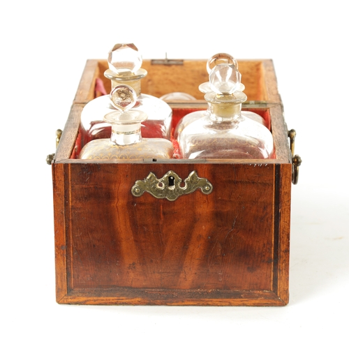 338 - AN EARLY 18TH CENTURY INLAID YEW WOOD VENEERED DECANTER BOX with hinged top revealing four gilt glas... 