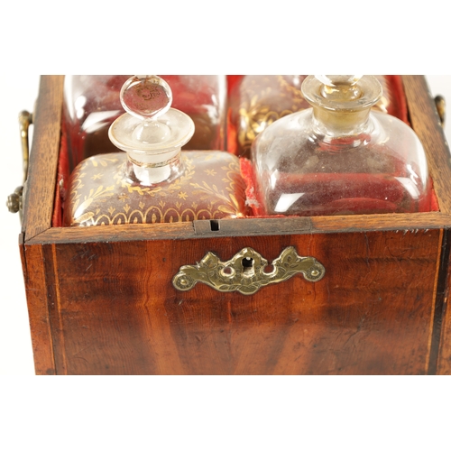 338 - AN EARLY 18TH CENTURY INLAID YEW WOOD VENEERED DECANTER BOX with hinged top revealing four gilt glas... 