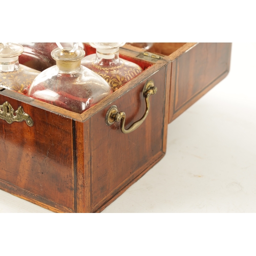 338 - AN EARLY 18TH CENTURY INLAID YEW WOOD VENEERED DECANTER BOX with hinged top revealing four gilt glas... 