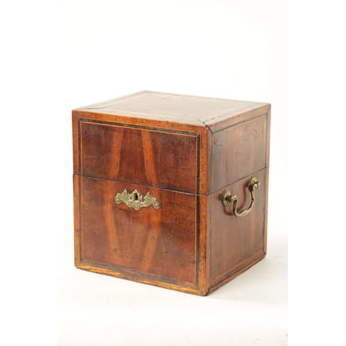 338 - AN EARLY 18TH CENTURY INLAID YEW WOOD VENEERED DECANTER BOX with hinged top revealing four gilt glas... 