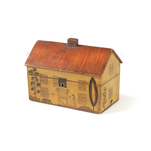 339 - A GOOD LATE GEORGIAN STYLE TEA CADDY IN THE FORM OF A HOUSE the painted double sided body depicting ... 