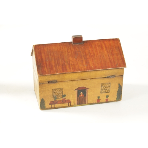 339 - A GOOD LATE GEORGIAN STYLE TEA CADDY IN THE FORM OF A HOUSE the painted double sided body depicting ... 