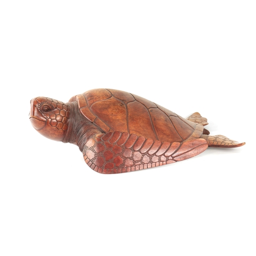 341 - A LARGE HARDWOOD LIFE-SIZE CARVED SCULPTURE modelled as a Hawksbill turtle (81cm long)