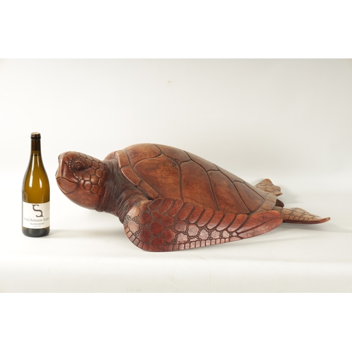 341 - A LARGE HARDWOOD LIFE-SIZE CARVED SCULPTURE modelled as a Hawksbill turtle (81cm long)