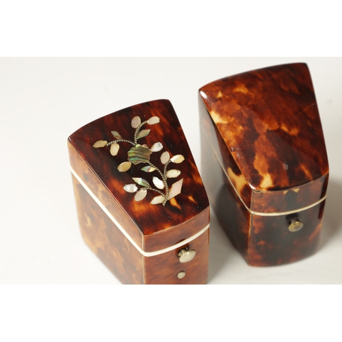 342 - A COLLECTION OF FOUR 19TH CENTURY TORTOISESHELL AND MOTHER OF PEARL NEEDLE CASES with hinged tops an... 