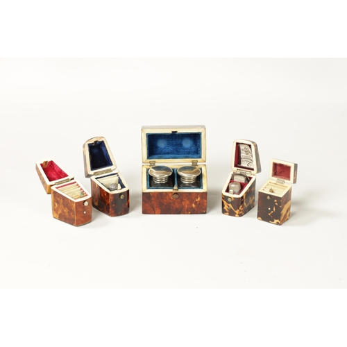 342 - A COLLECTION OF FOUR 19TH CENTURY TORTOISESHELL AND MOTHER OF PEARL NEEDLE CASES with hinged tops an... 