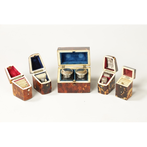 342 - A COLLECTION OF FOUR 19TH CENTURY TORTOISESHELL AND MOTHER OF PEARL NEEDLE CASES with hinged tops an... 