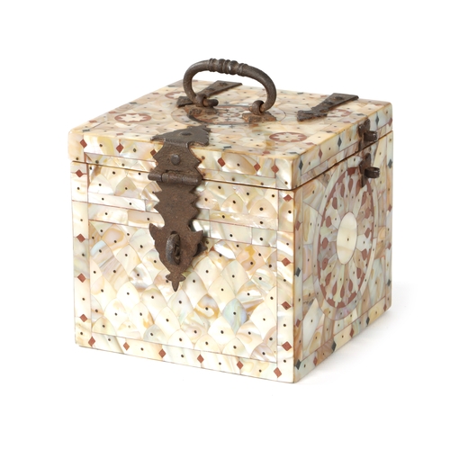 343 - A 17TH CENTURY STYLE OTTOMAN MOTHER-OF-PEARL VENEERED TEA CADDY having steel strap hinges and lock w... 