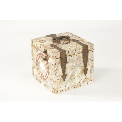 343 - A 17TH CENTURY STYLE OTTOMAN MOTHER-OF-PEARL VENEERED TEA CADDY having steel strap hinges and lock w... 