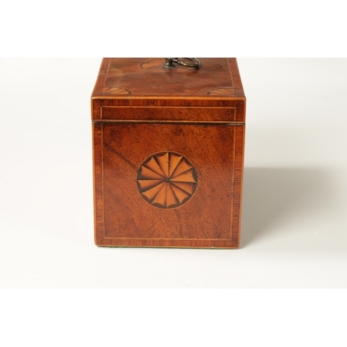 344 - A GEORGE III INLAID MAHOGANY TEA CADDY with shell inlaid corners and shellwork oval panels to the fr... 