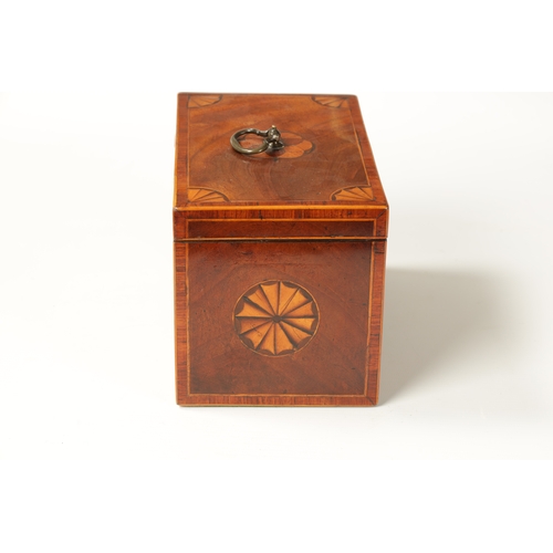 344 - A GEORGE III INLAID MAHOGANY TEA CADDY with shell inlaid corners and shellwork oval panels to the fr... 