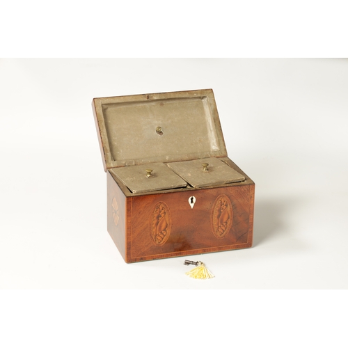 344 - A GEORGE III INLAID MAHOGANY TEA CADDY with shell inlaid corners and shellwork oval panels to the fr... 