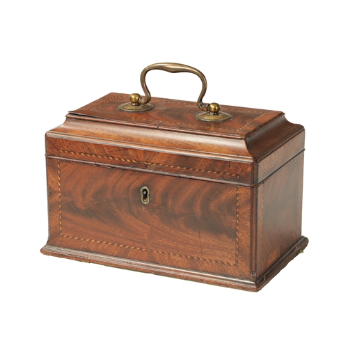 346 - A GOOD GEORGE III INLAID MAHOGANY AND STRUNG TEA CADDY with axe drop handle and divided interior. (2... 