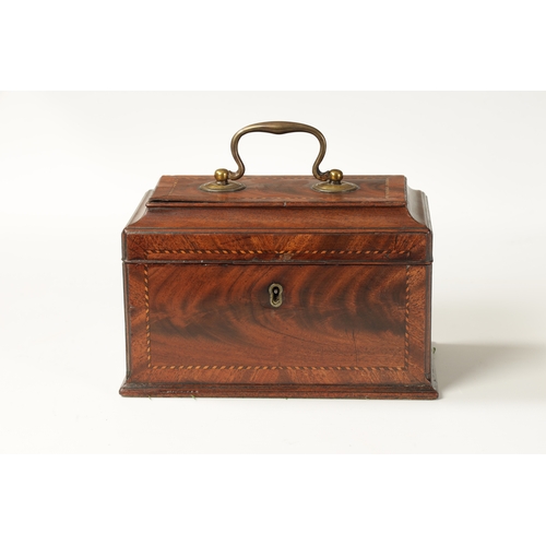 346 - A GOOD GEORGE III INLAID MAHOGANY AND STRUNG TEA CADDY with axe drop handle and divided interior. (2... 