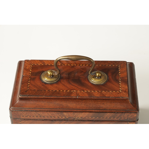 346 - A GOOD GEORGE III INLAID MAHOGANY AND STRUNG TEA CADDY with axe drop handle and divided interior. (2... 