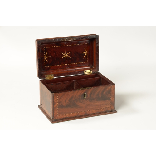 346 - A GOOD GEORGE III INLAID MAHOGANY AND STRUNG TEA CADDY with axe drop handle and divided interior. (2... 