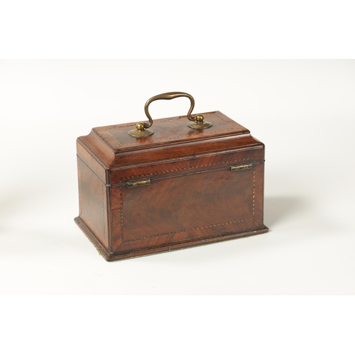 346 - A GOOD GEORGE III INLAID MAHOGANY AND STRUNG TEA CADDY with axe drop handle and divided interior. (2... 