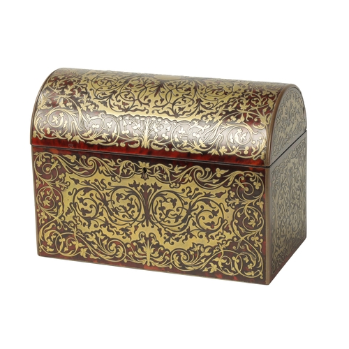 348 - A FINE 19TH CENTURY TORTOISESHELL AND BOULE WORK DOME TOPPED TEA CADDY with scrolled leafwork design... 