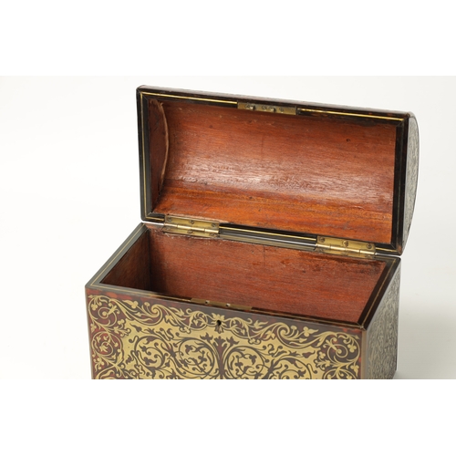 348 - A FINE 19TH CENTURY TORTOISESHELL AND BOULE WORK DOME TOPPED TEA CADDY with scrolled leafwork design... 