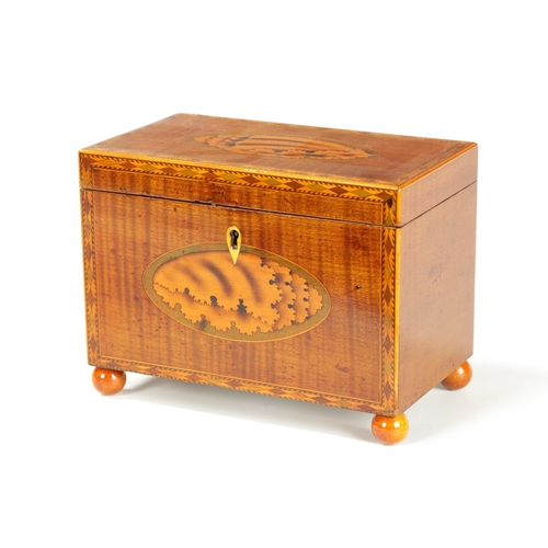 350 - A GEORGE III INLAID MAHOGANY TEA CADDY with oval shell inlaid panels to the top and front and inlaid... 